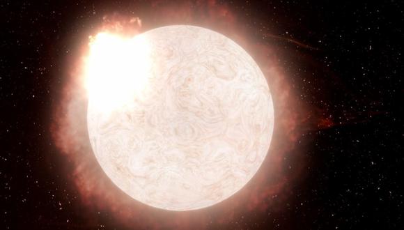 La interpretación de un artista de una estrella supergigante roja en transición a una supernova de Tipo II, emitiendo una violenta erupción de radiación y gas en su último aliento antes de colapsar y explotar. (W. M. KECK OBSERVATORY/ADAM MAKARENKO)