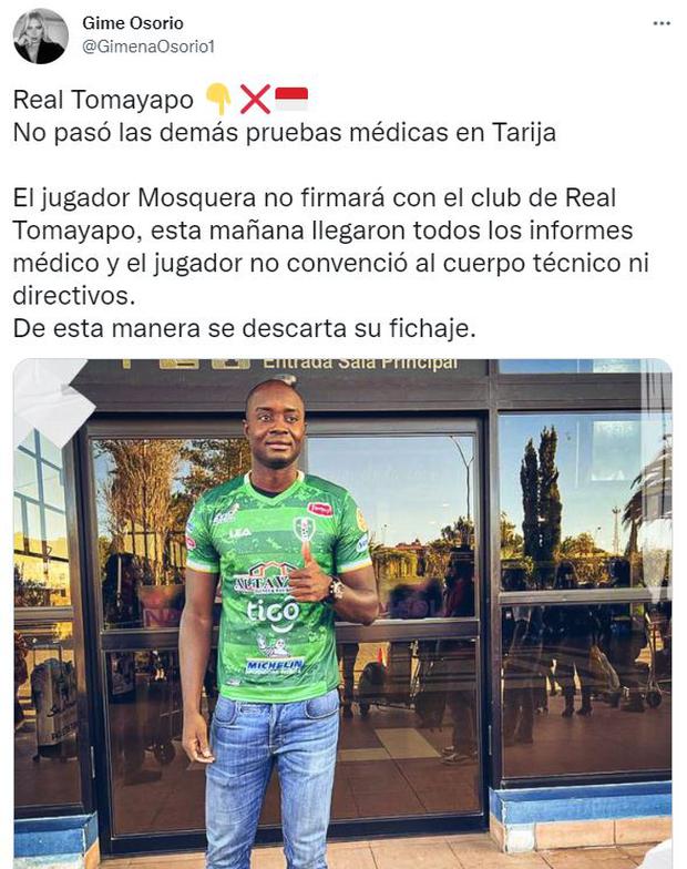 John Jairo Mosquera no jugará en el Real Tomayapo de Bolivia.