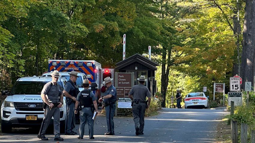 Officers block off Lake Moreau State Park as they search Charlotte Sena on Oct. 2, 2023. (AP Photo/Michael Hill)