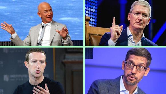 Jeff Bezos, de Amazon; Tim Cook, de Apple; Mark Zuckerberg, de Facebook y Sundar Pichai, de Google, comparecieron en el Congreso para defender sus empresas. (GETTY IMAGES/EPA/REUTERS)