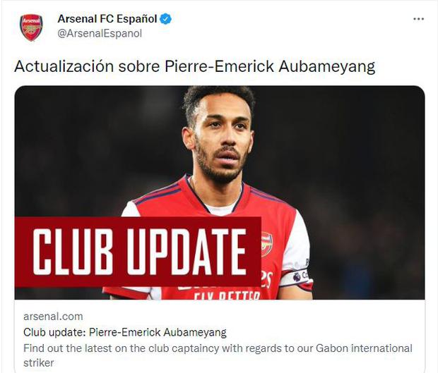 Arsenal anuncia que Pierre Emerick Aubameyang ya no será capitán del equipo. (Foto: Captura de Twitter)