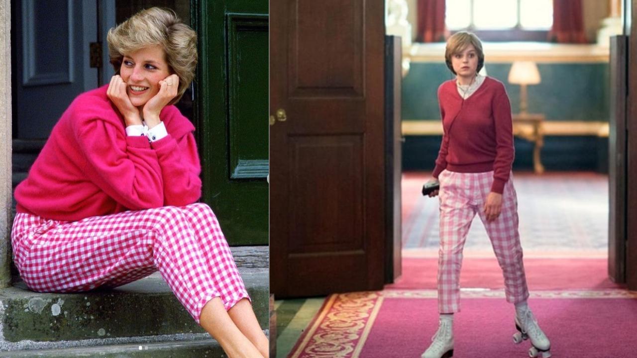 El combo pantalón vichy de tono fucsia, camisa blanca y chompa magenta es uno de nuestros favoritos. A diferencia de la vida real, Corrin llevó patines blanco en lugar de mocasines en la escena de la serie. (Fotos: IG @duchesskatefan/@eugarimpomesmo)