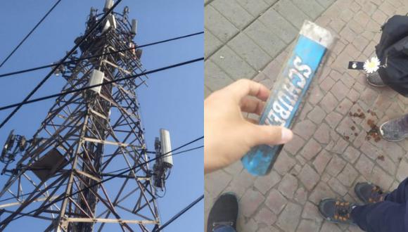 Mujer denuncia que tubo de silicona le cayó desde una antena de telefonía y sufrió lesión, en Huaral. (Foto:@Dante_MoralesT)