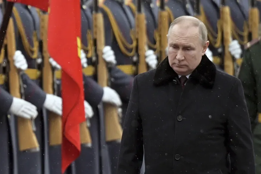 Russian President Vladimir Putin at a homeland ceremony in Moscow on Feb. 23, 2022. (Alexei Nikolsky, Kremlin Pool Photo via AP)