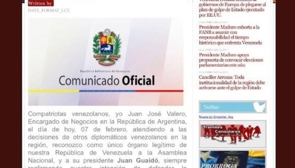 Imágen de la página web de la embajada de Venezuela en Argentina donde hackers publicaron un mensaje en el que se apoyaba a Juan Guaidó. (Captura)