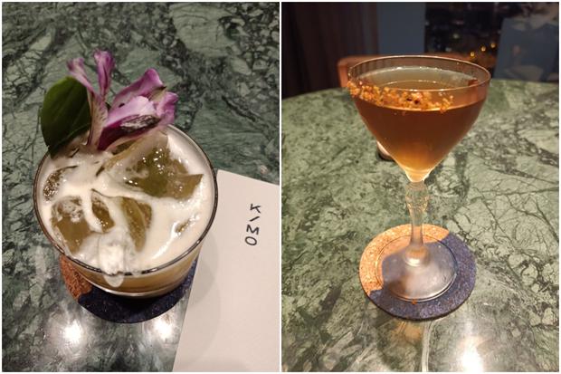 The cocktail proposal includes the semcho (on the left) that combines sake with pisco mosto verde italia and the yonaha maehama (right) with rum and passion fruit syrup and wasabi. 