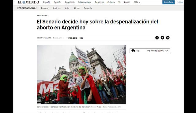 "El Mundo" informó sobre las distintas manifestaciones en las calles de Buenos Aires durante el debate sobre la despenalización del aborto. (Foto: Captura)