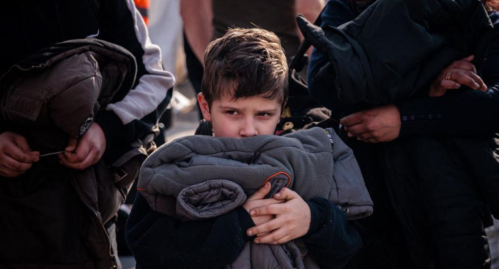 Un niño evacuado de la planta Azovstal, en Mariupol, llega a un área de registro y procesamiento para desplazados internos en Zaporizhzhia el 3 de mayo de 2022. (Dimitar DILKOFF / AFP).