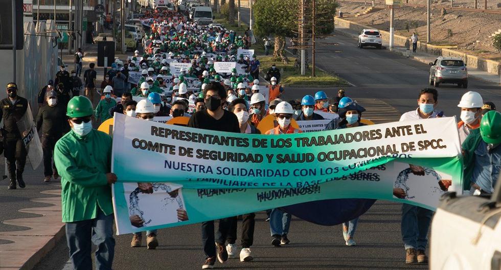 Trabajadores de los campamentos de Cuajone protestaron para exigir al Gobierno que tome medidas ante las protestas de comunidades locales que han afectado su labor. (Foto: Southern Perú)