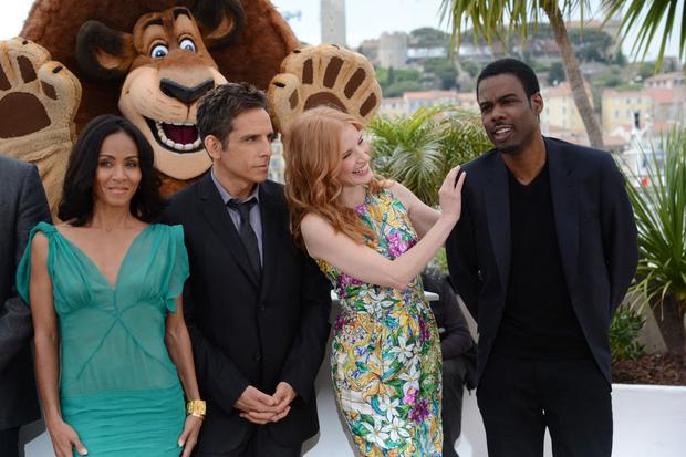 Chris Rock (right) and Jada Pinkett Smith (left) were part of the cast of the "Madagascar" movies.  In the photo they can be seen with Ben Stiller and Jessica Chastain during a presentation of the film at the 2012 Cannes Film Festival. (Photo: ANNE-CHRISTINE POUJOULAT / AFP)