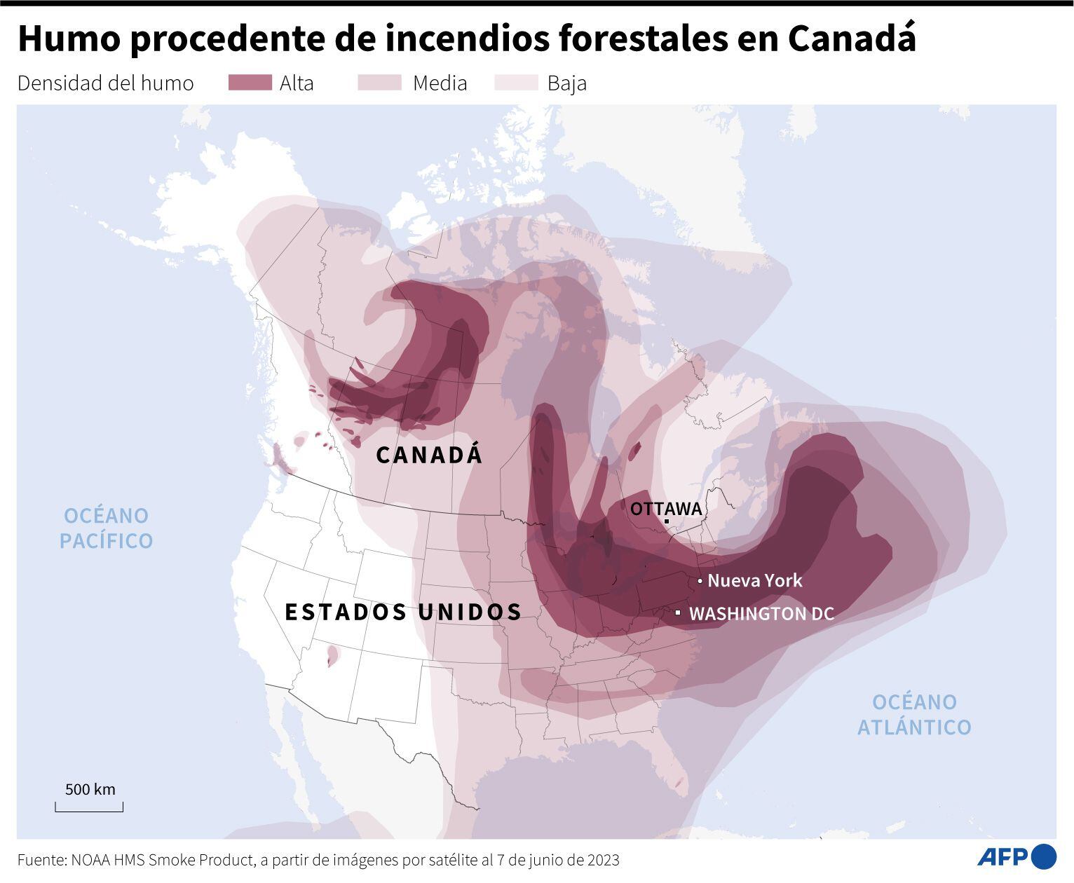 Areas of the United States and Canada affected by wildfires.  (AFP).