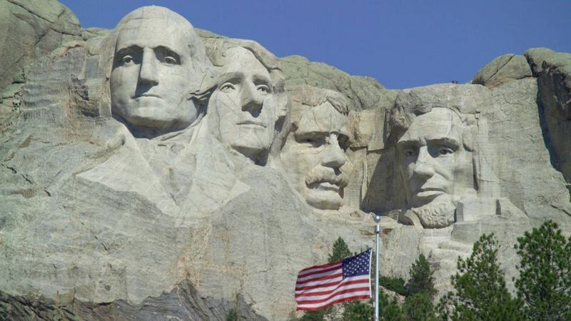 On South Dakota's Mount Rushmore is a granite-carved monument to US Presidents George Washington, Thomas Jefferson, Theodore Roosevelt, and Abraham Lincoln (from left to right).  / Getty Images.