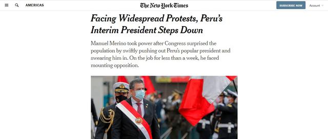 Asi informa el New York Time de Estados Unidos sobre la crisis en Perú y la renuncia del presidente. (Captura / New York Times)
