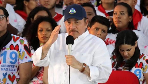El presidente de Nicaragua, Daniel Ortega, es visto hablando durante una ceremonia en la plaza "La Fe" en Managua. Archivo de enero de 2020. (AFP/INTI OCON).