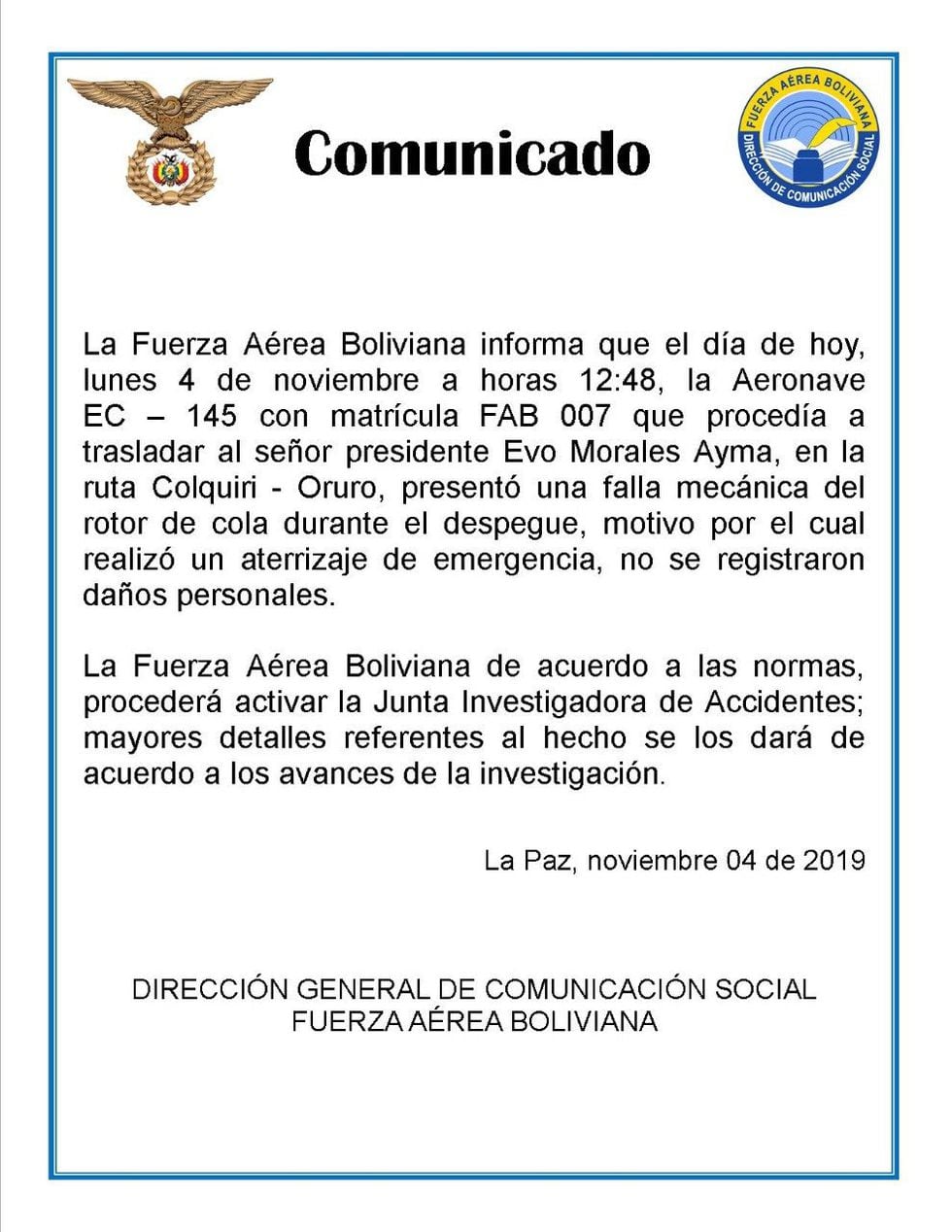 Fuente: Twitter FUERZA AÉREA BOLIVIANA (DICOS) @AereaDicos