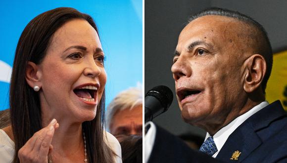 La lideresa opositora venezolana, María Corina Machado; y el candidato opositor, Manuel Rosales. (Fotos de Ronald PEÑA / Federico PARRA / AFP)