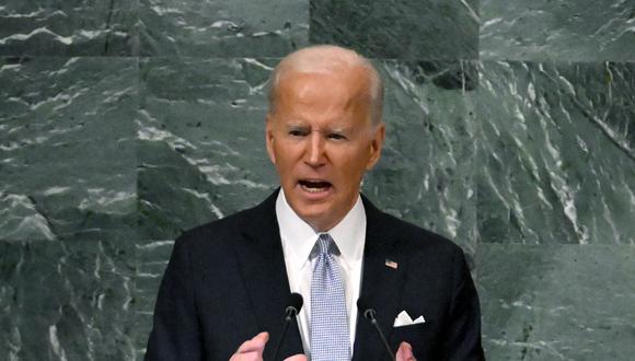 El presidente de Estados Unidos, Joe Biden, se dirige a la 77ª sesión de la Asamblea General de las Naciones Unidas en la sede de la ONU en la ciudad de Nueva York el 21 de setiembre de 2022. (Foto de TIMOTHY A. CLARY / AFP)