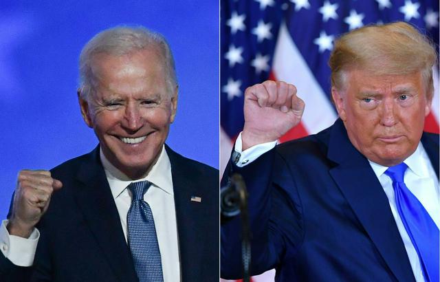 Esta combinación de imágenes creadas el 4 de noviembre de 2020 muestra al candidato presidencial demócrata Joe Biden (izquierda) en Wilmington, Delaware, y al presidente de Estados Unidos, Donald Trump (derecha) en Washington, DC. (Fotos de ANGELA WEISS y MANDEL NGAN / AFP).