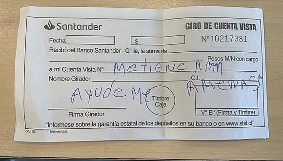 "Ayúdeme": el documento con el que un hombre denunció haber sido secuestrado en banco. (Foto: Fiscalía Metropolitana Sur)