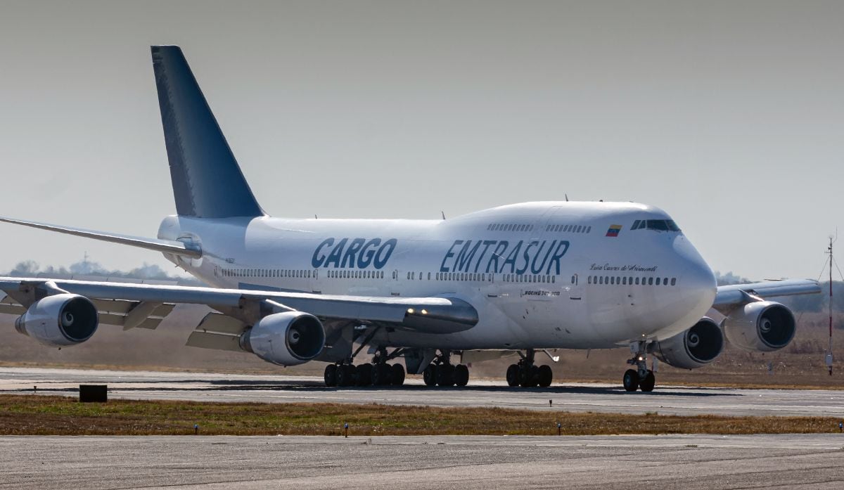 View of the Boeing 747-300 registered with number YV3531 of the Venezuelan airline Emtrasur Cargo at the international airport of Córdoba, Argentina, on June 6, 2022.