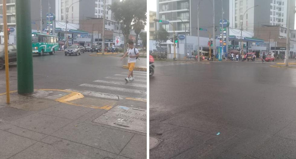 La lluvia ligera cayó sobre varios distritos de Lima. En el cruce de las avenidas Brasil y Bolívar las pistas quedaron mojadas rápidamente. (Foto: Twitter)