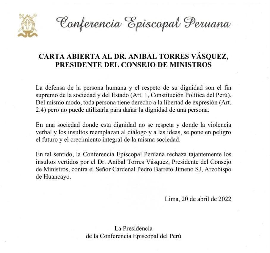 Pronunciamiento de la Conferencia Episcopal Peruana.