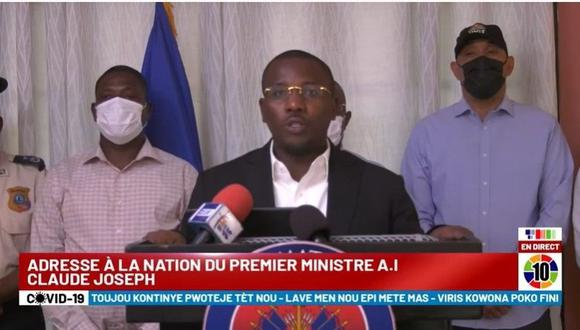 Captura de video tomada de la Televisión Pública de Haití que muestra al primer ministro interino de Haití, Claude Joseph, durante una alocución hoy, en Puerto Príncipe (Haití). (EFE/ Cortesía Televisión Pública de Haití).