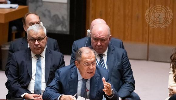 El ministro de Relaciones Exteriores de Rusia, Sergei Lavrov, habla en la reunión del Consejo de Seguridad sobre la invasión rusa de Ucrania en las Naciones Unidas el 22 de septiembre de 2022 en Nueva York. (Foto:  Evan Schneider / UNITED NATIONS / AFP)