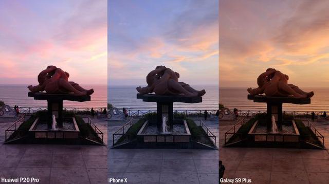 En esta toma podemos ver cómo los tres smartphones interpretan de manera distinta la caída del sol. (Foto: Bruno Ortiz B.)