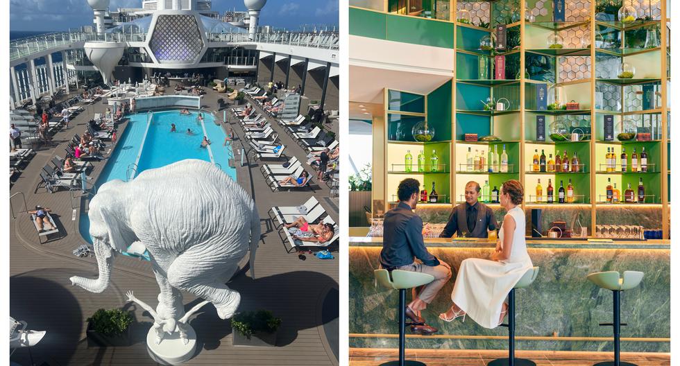 Piscina principal de más de 20 metros, enmarcada por la escultura equilibrista del francés Fabien Mérelle. Der: El Eden, en la popa del barco, abarca tres pisos donde coinciden un café, un restaurante y un bar.