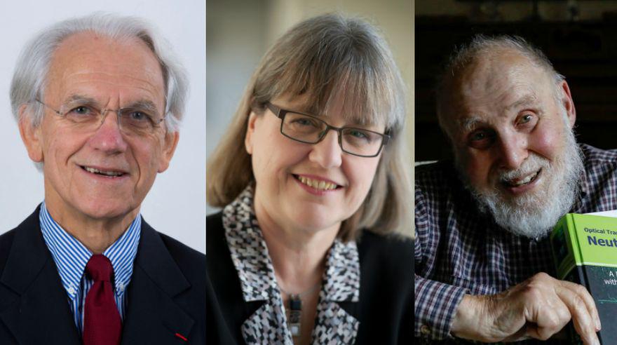 De izquierda a derecha: Gérard Mourou, Donna Strickland y Arthur Ashkin. (Foto: Reuters, AFP, AP)