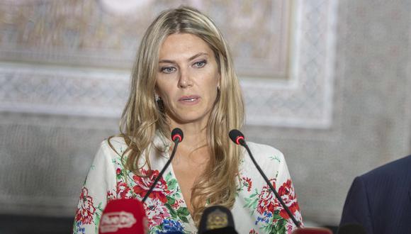 La vicepresidenta del Parlamento Europeo, Eva Kaili, realiza una rueda de prensa en Rabat , Marruecos, el 10 de octubre de 2022. (EFE/EPA/JALAL MORCHIDI).