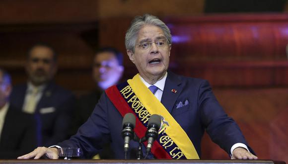 El presidente Guillermo Lasso al presentar el primer informe anual de su gobierno en la Asamblea Nacional, en Quito, el 24 de mayo de 2022. (Foto de Bolivar Parra / Oficina de prensa de la Presidencia de Ecuador / AFP)