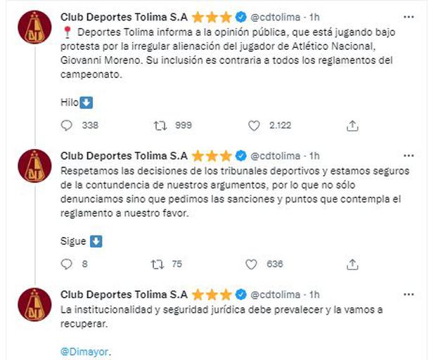 El reclamo de Deportes Tolima en Twitter.