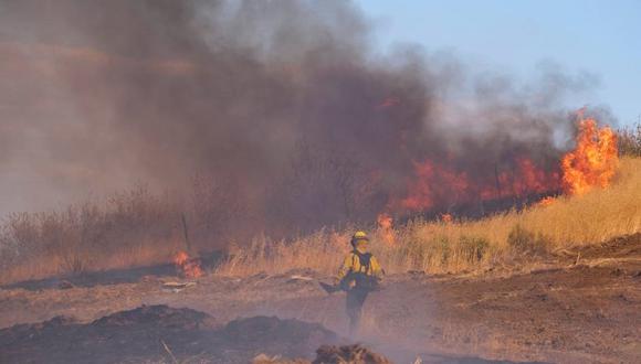 Un bombero camina entre un incendio en la ladera de una colina, el miércoles 31 de agosto de 2022, en Castaic, California. (Foto de Ringo H.W. Chiu / AP)