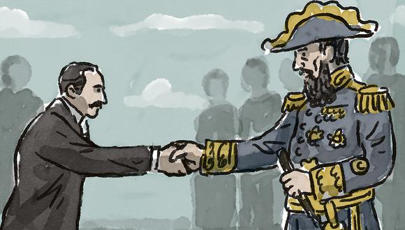 “Leguía abrazó al mariscal Cáceres y le dio un ósculo en la mejilla derecha”. (Ilustración: Víctor Aguilar Rúa).