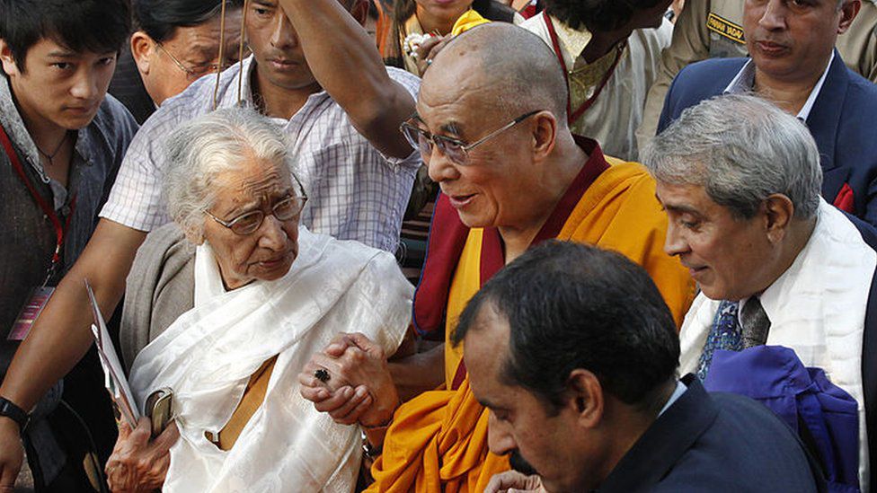 The Dalai Lama (center), here on a visit to India for a seminar on the Nalanda Buddhist tradition, stated that the university is 