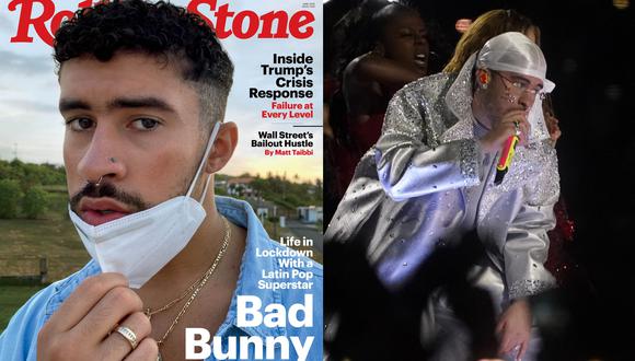 Izq.: Bad Bunny en la portada de la revista "Rolling Stone", donde habla de su distanciamiento social. A la derecha, durante el Super Bowl 2020. Fotos: Rolling Stone/ Thimothy A. Clary para AFP.