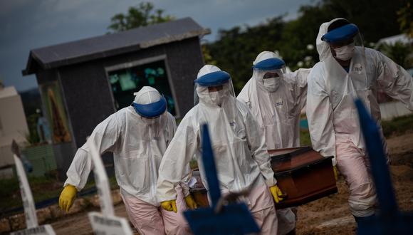 Trabajadores entierran a una persona fallecida por covid-19, en el cementerio público Nossa Senhora Aparecida en Manaos, Amazonas, en 2020, en Brasil. (EFE/Raphael Alves)