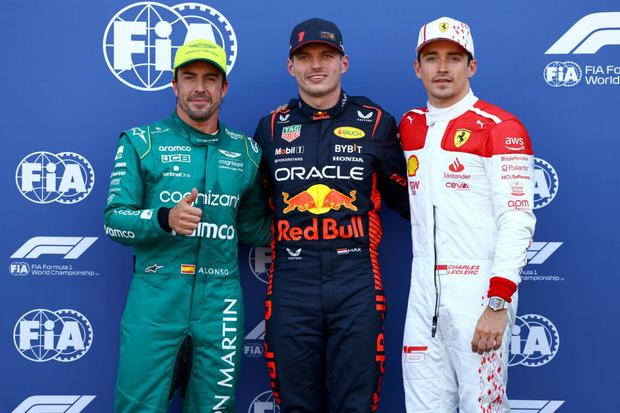 El podio de la pole del GP de Mónaco: Verstappen (1°), Alonso (2°) y Lecrerc (3°). (Foto: Fórmula 1)