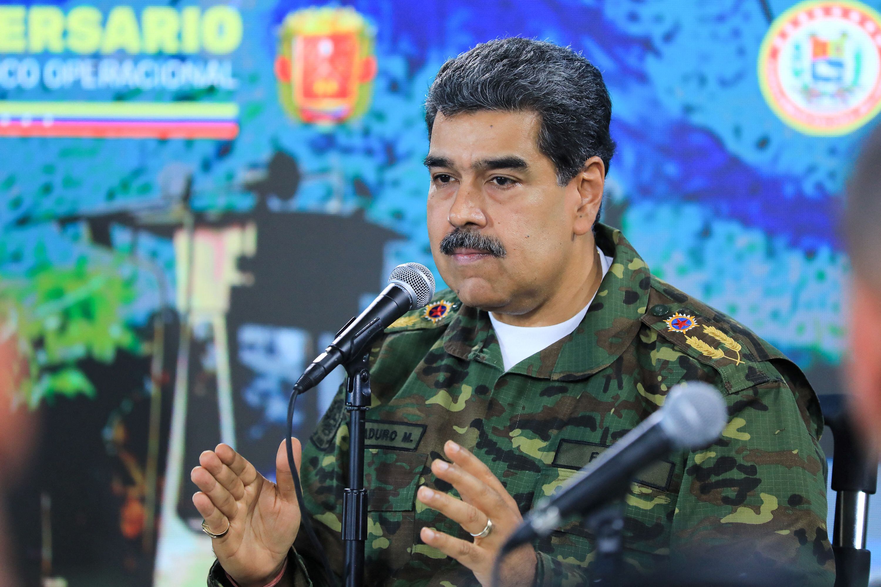 Nicolás Maduro wearing a military jacket while speaking during a ceremony commemorating the 18th anniversary of the Strategic Operations Command of the Bolivarian National Armed Forces (CEOFANB).  (Photo by JHONN ZERPA/Presidency of Venezuela/AFP).