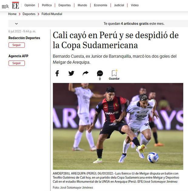 This is how El Espectador reported about Melgar vs. Deportivo Cali.