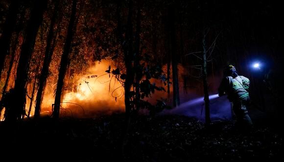 Los bomberos luchan contra un incendio forestal en Rafael, Tome Comune, Region de Biobío, Chile el 7 de febrero de 2023. (Foto de JAVIER TORRES / AFP)
