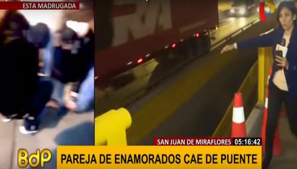 Pareja de enamorados cayó esta madrugada desde la altura de cuatro metros, tras ceder baranda del puente Parque Zonal (Captura: BDP)