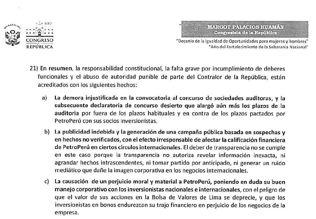 La congresista de Perú Libre, Margot Palacios, resume así los hechos que sustentan su denuncia constitucional contra el contralor Nelson Shack. (Captura)