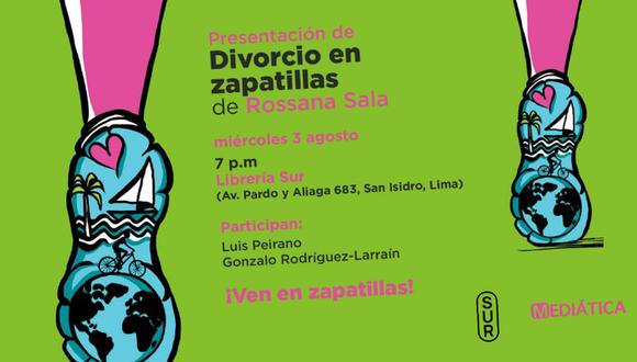 Afiche de la presentación del libro "Divorcio en zapatillas" de la escritora peruana Rossana Sala