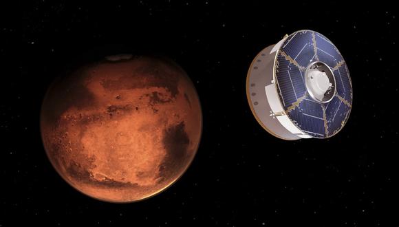 Esta ilustración de la NASA muestra la nave espacial Mars 2020 de la NASA que lleva el rover Perseverance a medida que se acerca a Marte. (Cortesía / NASA / AFP)