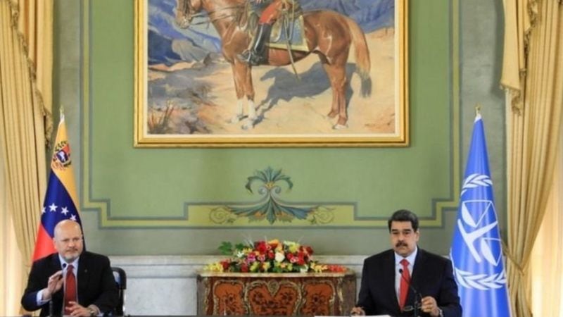 Khan and Maduro at the Miraflores Palace in Caracas.  (Reuters)