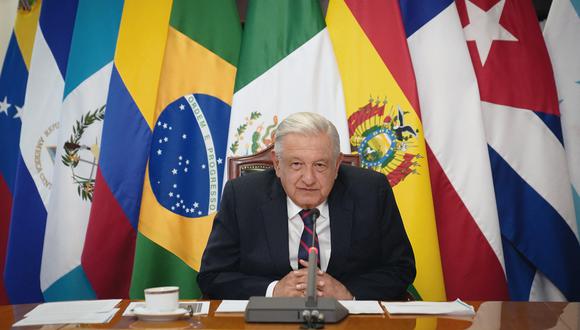 El presidente Andrés Manuel López Obrador hablando durante una cumbre virtual de la Comunidad de Estados Latinoamericanos y Caribeños (CELAC). (Foto por Folleto / Presidencia de México / AFP)