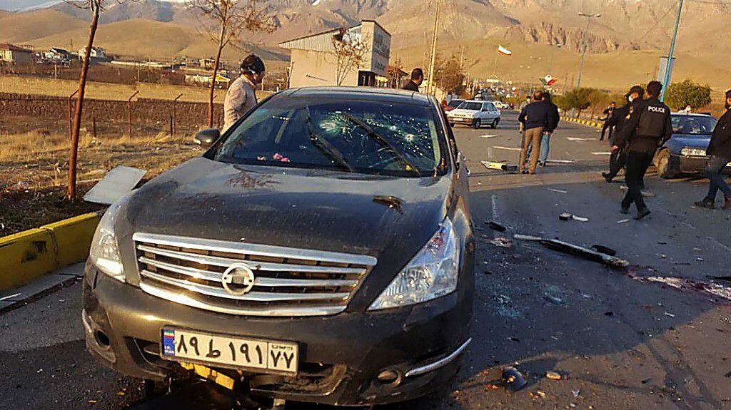The car in which Mohsen Fakhrizadeh was traveling during the attack against him in November 2020. The scientist was seriously injured and was taken to a hospital where he eventually died. 